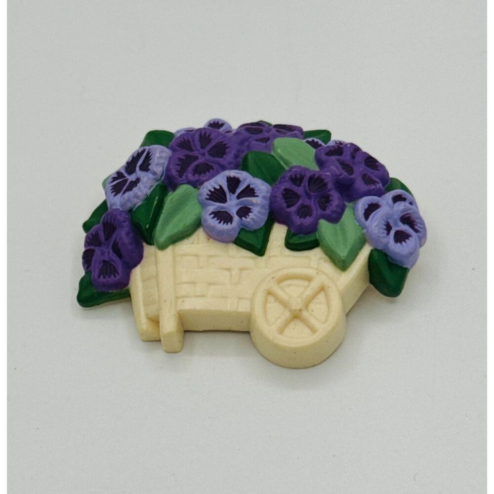 Purple pansies cream-colored wheelbarrow cart Hallmark 1980's vintage brooch